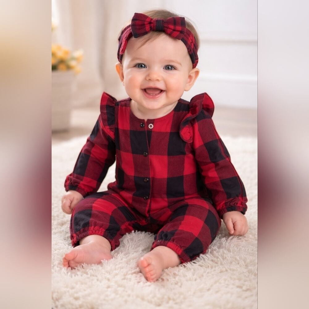 Pippa & Julie Red and Black Plaid Outfit With Headband Sz. 6/9m #1860